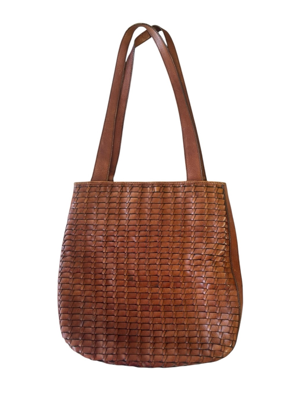 Vintage Fossil Woven Leather Shoulder Bag Tote Cognac Brown Boho Crossbody - Picture 11 of 14